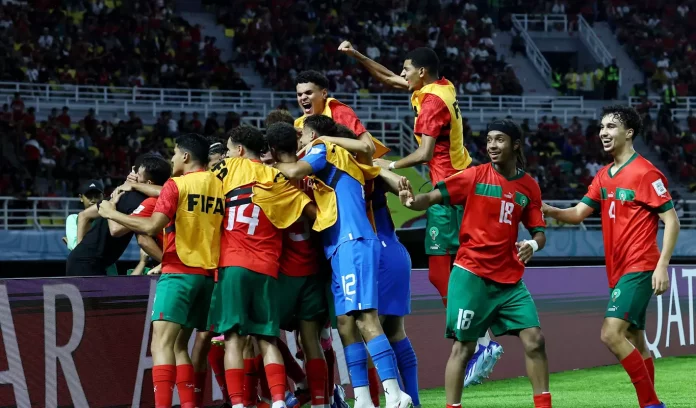 Indonesia vs Maroko. Timnas U-17 Maroko rayakan kemenangan usai menang telak 3-1 atas Indonesia pada Piala Dunia U-17 2023. (FIFA)