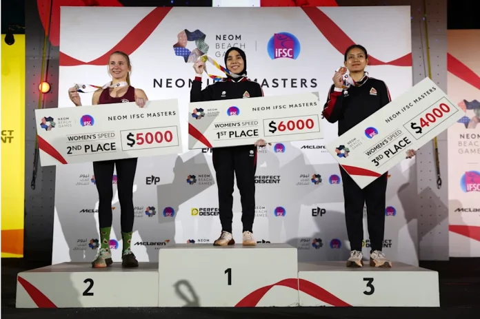 Rajiah Sallsabillah Juara Speed Climbing di Neom IFSC Master 2024 (Foto: ifsc-climbing/Getty Images)